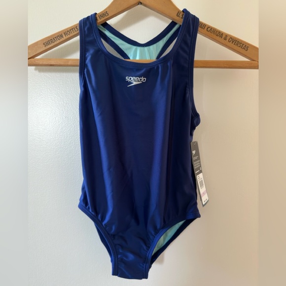 Speedo Girls Racer Back one piece Swimsuit non fading blue material Eco flex NWT - Picture 1 of 9